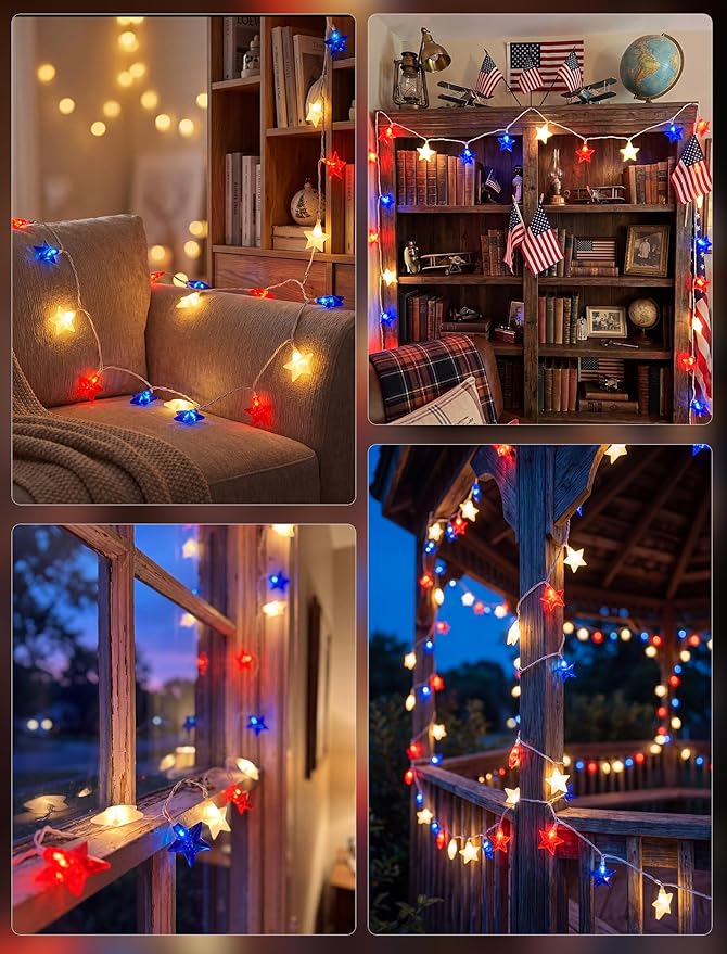 4th of July Decoration Lights, 12FT 20 LED Red White and Blue Star String Lights, Plug in Fairy Lights Waterproof Connectable for Indoor Outdoor Independence Day Decor