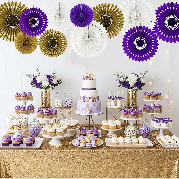 BEISHIDA Purple Gold White Tissue Hanging Honeycomb Round Paper Fans Decoration Set for Birthday Graduation Bridal Shower Bachelorette Wedding Engagement Backdrops Halloween Party Supplies(11 Packs)