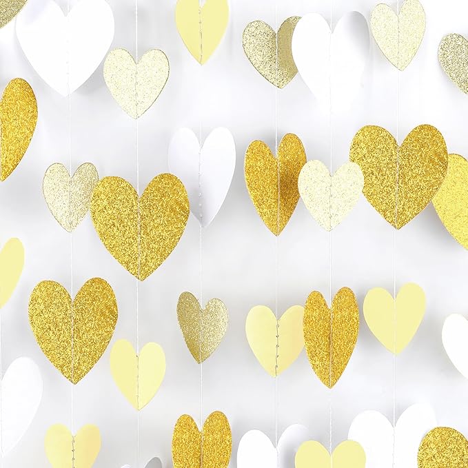 Gold-White Heart-Garland Streamers Engagement-Birthday Party-Decorations - 52Ft Glitter Champagne Hanging Banner Decor Wedding Congratulations Bachelorette Bridal Baby Shower Garsellen