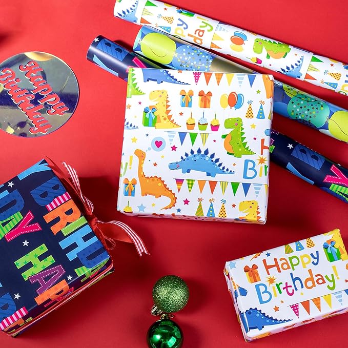 WRAPAHOLIC Dinosaur Birthday Wrapping Paper Roll - Mini Roll - 3 Rolls - 17 inch x 120 inch Per roll - Happy Bday Wrapping Paper for Kids Boys Birthday, Baby Shower, Dinosaur Lover