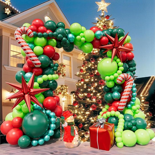183pcs Christmas Balloon Garland Arch kit with Christmas Red Lime Dark Green Metallic Green Balloons Candy Cane Gift Box Explosion Star Foil Balloons for Xmas Party Decorations