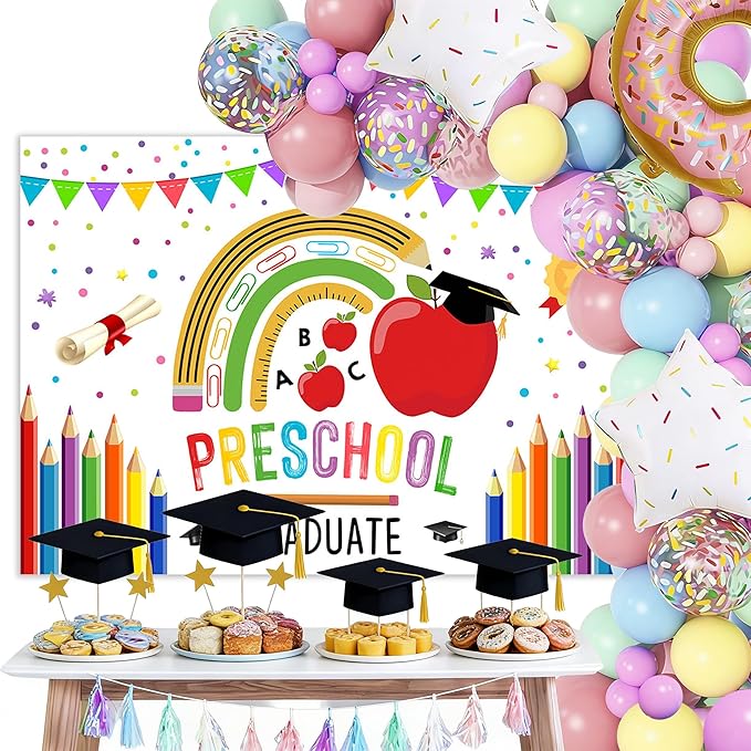 Mocsicka Preschool Graduate Backdrop Pre Kindergarten Congrats Grad Party Supplies Decoration Class of 2026 Graduation Ceremony Background Photo Prop (White, 10x8ft(120"x96"))