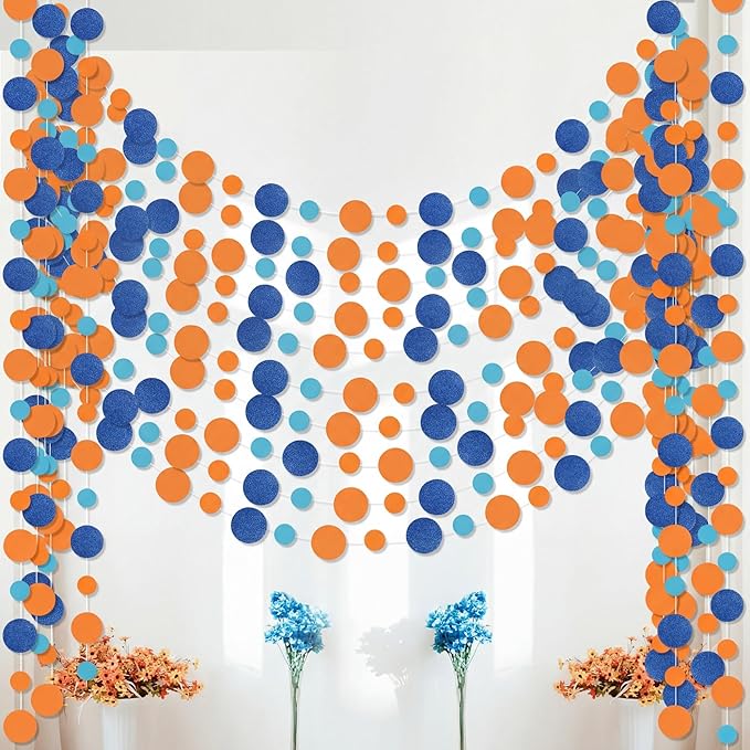 Outus 10 Pieces Orange,Blue Round Dots Garland Graduation Party Hanging Decor Each Length 13.1ft Glitter Paper Dot Streamers for Birthday Wedding Classroom Supplies