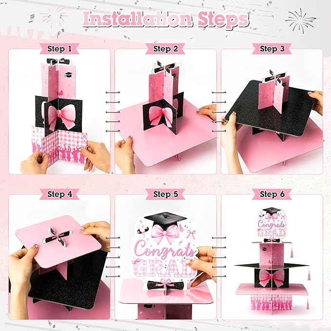 Haooryx Pink Bow Graduation Cupcake Stand - 3 Tier Graduation Hat Tie Cupcake Tower Cardboard Dessert Stand Candy Dount Dessert Holder for College High School Congrats Grad Party Decoration Supplies