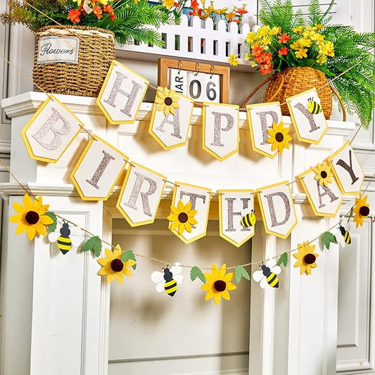 SUNBEAUTY Bee Birthday Party Decorations Bumble Bee Felt Happy Birthday Banner with Sunflower Garland Banner Hanging HoneyBee Decorations for Party Baby Shower Garden Spring Summer(8.2ft)