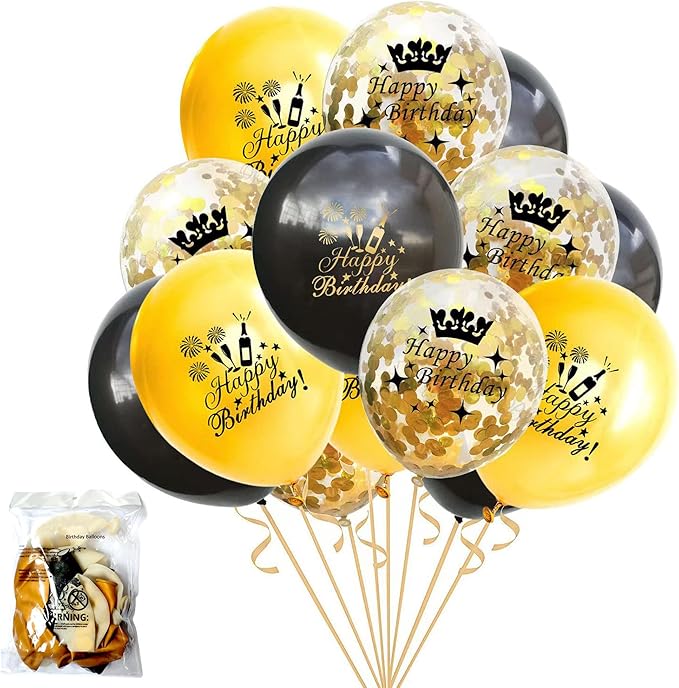 SHUNTAI Happy Birthday Balloons Black and Gold Party Decorations Latex Gold Confetti Balloon Printed Happy Birthday for Women Men Girls Boys Theme Birthday Party Decor Supplies 15 Pack 12 Inch