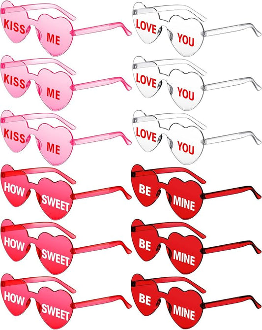 LEIFIDE 12 Pieces Valentine Heart Shape Rimless Fun Sunglasses Conversation Heart Glasses Eyewear for Wedding Party Favor