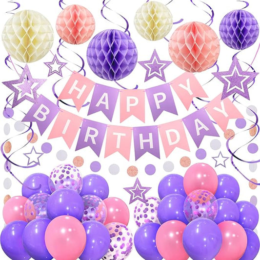 ZERODECO Birthday Decorations, Easy to Assemble Purple Happy Birthday Banner with Honeycomb Ball, Balloon, Hanging Swirl Streamer, Garland, Happy Birthday Party Decorations for Women Girls Kids