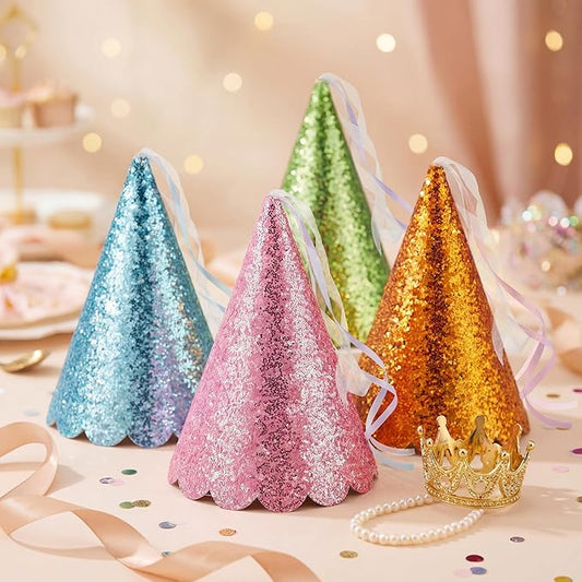 12 Pcs Princess Party Hats with Ribbon Tassel and Elastic Glitter Birthday Party Hats for Adults Bridal Showers Celebration Decor