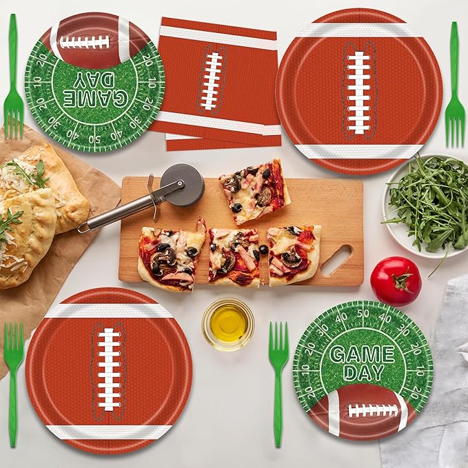 96 Pieces Game Day Football Tableware Set – Disposable Plates, Napkins, and Forks with Football and Field Designs for Tailgate Parties, Sports Events, and Super Sunday Celebrations – Serves 24 Guests