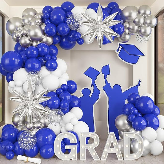 Amandir Royal Blue Silver Balloon Garland Arch Kit for Graduation Party Decorations, 145Pcs Blue White Silver Confetti Balloons with Foil Star for 2026 Graduation College Congrats Grad Class Birthday