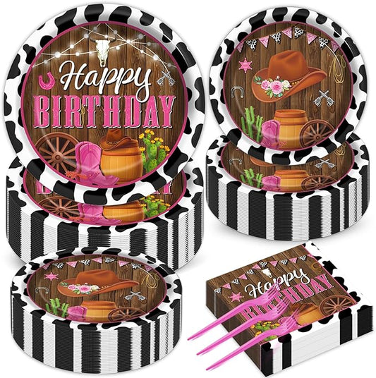 gisgfim 200pcs Cowgirl Birthday Party Decorations - Western Plates, Napkins & Disposable Forks - Pink Cow Western Girl Rodeo Tableware Set - Serves 50