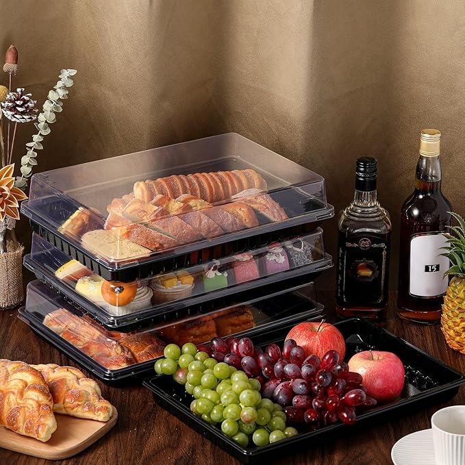 Shellwei 20 Pack Extra Large Charcuterie Board with Lids, 15 x 10 Inch Plastic Catering Trays for Cookies, Desserts, Candy, Reusable Serving Platters for Travel Party