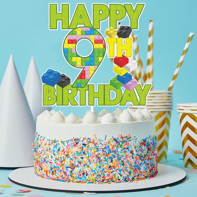 Happy 9th Birthday Building Block Cake Topper - Puzzle Games Boy's 9th Birthday Party Green Cake Topper Supplies - Building Block Party Decoration For Boy