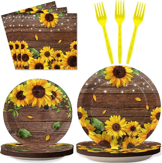 96 Pcs Sunflower Party Plates Napkins Tableware Set Sunflower Wood Grain Themed Supplies Disposable Dinnerware Sunflower Decoration Favors for Kids, 24 Guests