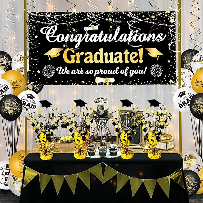 FUBININA 6 Pack 2026 Graduation Table Centerpiece Party Decoration Metallic Foil Spray Glitter Graduate Cap Decor Star Table Top for Graduation Parties Grad Ceremonies Party Favor, Black and Gold