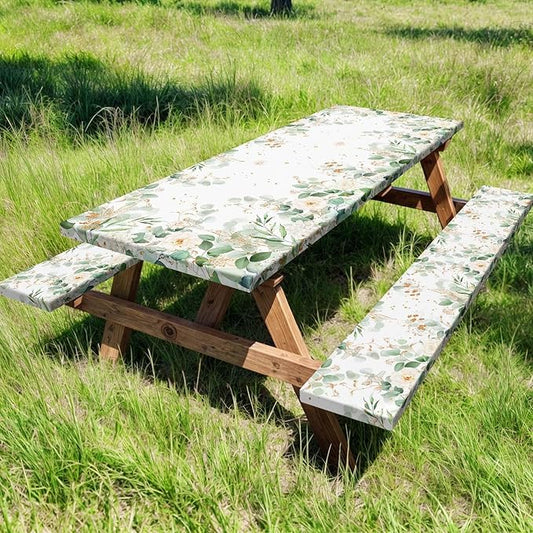 Picnic Table Cover with Bench Covers and Bag, Outdoor Waterproof Windproof Tablecloth with Elastic Edges, Camping Accessories RV Gear Campers 96x30 Inches 3 Pcs Set, Sage Green Eucalyptus Leaves