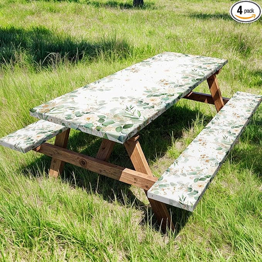 Picnic Table Cover with Bench Covers and Bag, Outdoor Waterproof Windproof Tablecloth with Elastic Edges, Camping Accessories RV Gear Campers 72x30 Inches 3 Pcs Set, Sage Green Eucalyptus Leaves