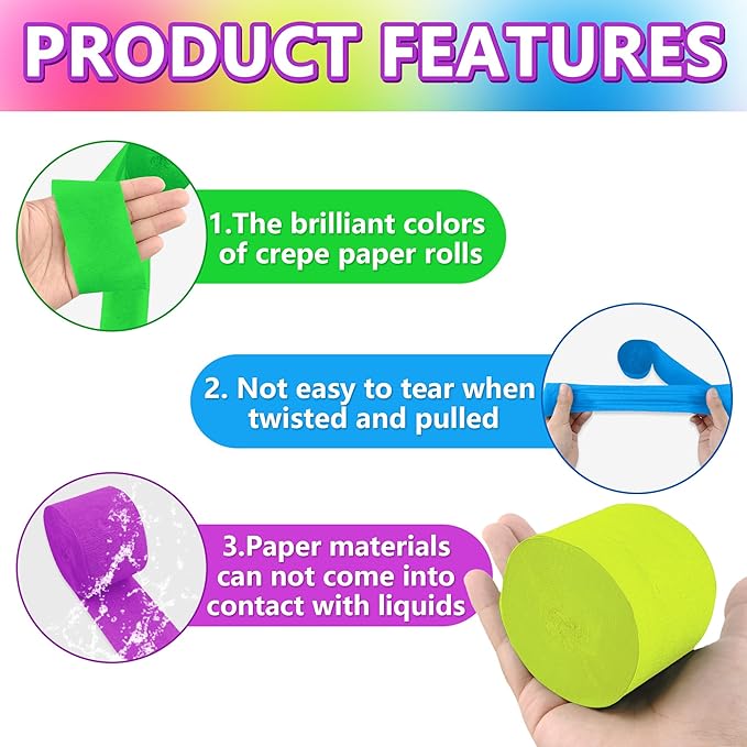 Neon Crepe Paper Streamers, 2.2" x 123 Ft Per Roll Glow in The Dark Streamers 6 Rolls for Rainbow Birthday Party Wedding Decorations UV Blacklight Reactive Fluorescent Party Supplies