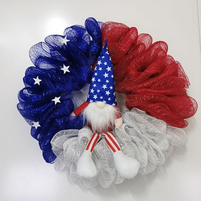 3 Rolls Red White and Blue Deco Mesh Ribbon for Wreath Making Supplies, 10 Inch x 30FT Metallic Foil Burlap Deco Mesh Fabric for 4th of July Patriotic Door Wreath Swags and Decorating