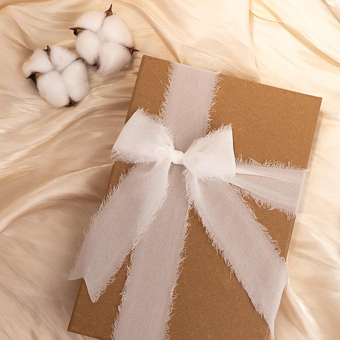 White Chiffon Ribbon, Silk 1.5''x21Yd Handmade Frayed Fringe Ribbons for Wrapping, DIY Bows, Invitations, Bridal Bouquets, Crafts, Birthday, Wedding, Halloween, Party Decorations, 3 Rolls