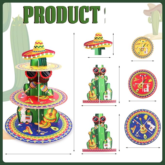 Fiesta Party Decorations 3 Tier Mexican Cupcake Stand Cinco De Mayo Cupcake Stand Taco Birthday Party Supplies Fiesta Cactus Dessert Holder Display for Baby Shower Decorations