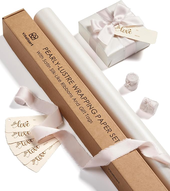 Vitalizart White Wrapping Paper Set 30" Pearly-Lustre With Silk Like Satin Ribbon & Gift Tags Recyclable Christmas Gift Wrapping Birthday Baby Shower Wedding Handmade Crafts 197"(16.4 Ft)
