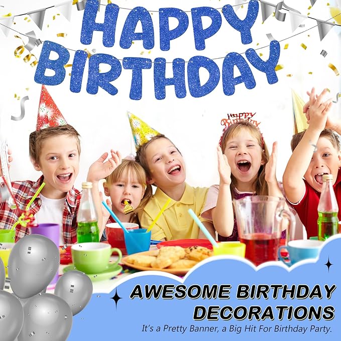 Fulmoon Glitter Pre Strung Happy Birthday Banner No DIY Party Decorations Happy Birthday Sign Decor for Men Women Boy Girls Backdrop(Navy Blue)