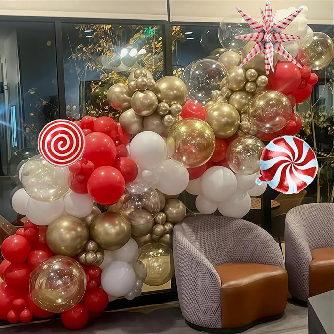 Red and Gold Christmas Balloon Set, 12 Inch Matte Red Metallic Gold Confetti White Latex Balloons with Exploding Star Candy Swirl Lollipop Foil Balloon for Xmas Birthday Baby Shower Party Decorations