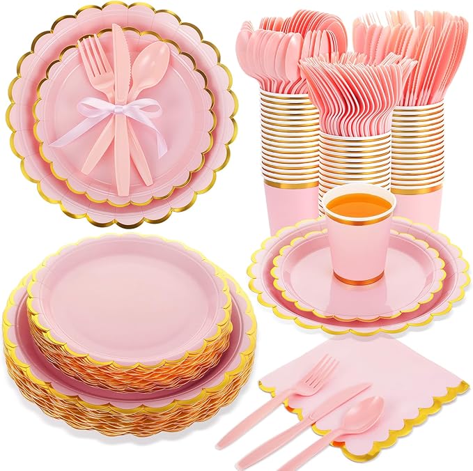 Ziliny 350 Pcs Light Pink Plates and Napkins Party Supplies for Guests Woodland Baby Shower Tableware Include Scalloped Plates Paper Napkin Cup Spoon Fork Knife for Wedding, Birthday