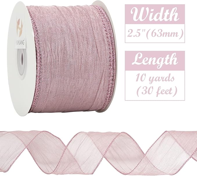 HUIHUANG Dusty Rose Wired Ribbon 2.5 inch Mauve Crinkle Metallic Ribbon for Gift Wrapping Basket Wreaths Bows Making Wedding Home Decor DIY Crafts Christmas Tree Decor-10 Yards
