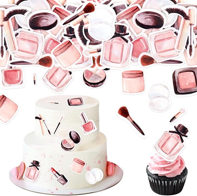 Ercadio 44Pcs Edible Make up Cupcake Toppers Mascara Cosmetics Lipstick Cupcake Picks Perfume Bottle Drink Topper Makeup Birthday Cupcake Decorations Bridal Shower Bachelorette Makeup Party Supplies