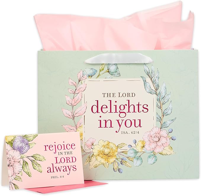 Christian Art Gifts Three Piece Landscape Gift Bag w/Card & Tissue Paper Set for Women: The Lord Delights - Isaiah 62:4 Inspirational Bible Verse, Soft Mint Green & Pink Multicolor Floral, Large