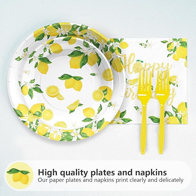 96PCS Lemon Birthday Party Decorations Freshly Graduated Lemon Party Plates Disposable Yellow Lemons Paper Tableware Set for Summer Lemonade Theme Birthday Lemons Baby Shower Fruit Themed Serves 24