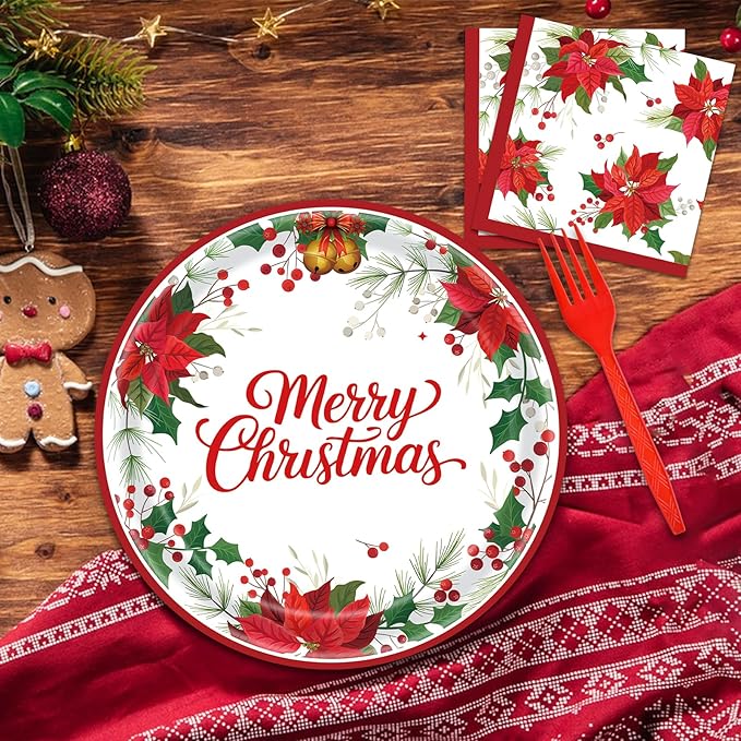 96 Pieces Christmas Poinsettia Tableware Set ??Merry Christmas Disposable Plates, Napkins, Forks Party Supplies with Holiday Flower and Holly Designs for Xmas Parties Celebrations ??Serves 24 Guests