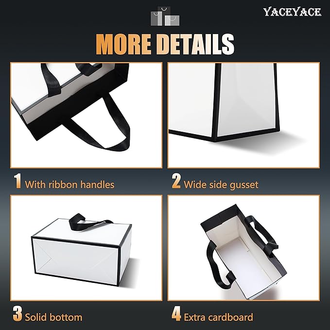 Small White Balck Gift Bags Bulk, 10Pcs 8"x3.75"x6" Black and White Paper Bag with Ribbon Handle, Mini Gift Bags for Party,Birthday,Retail