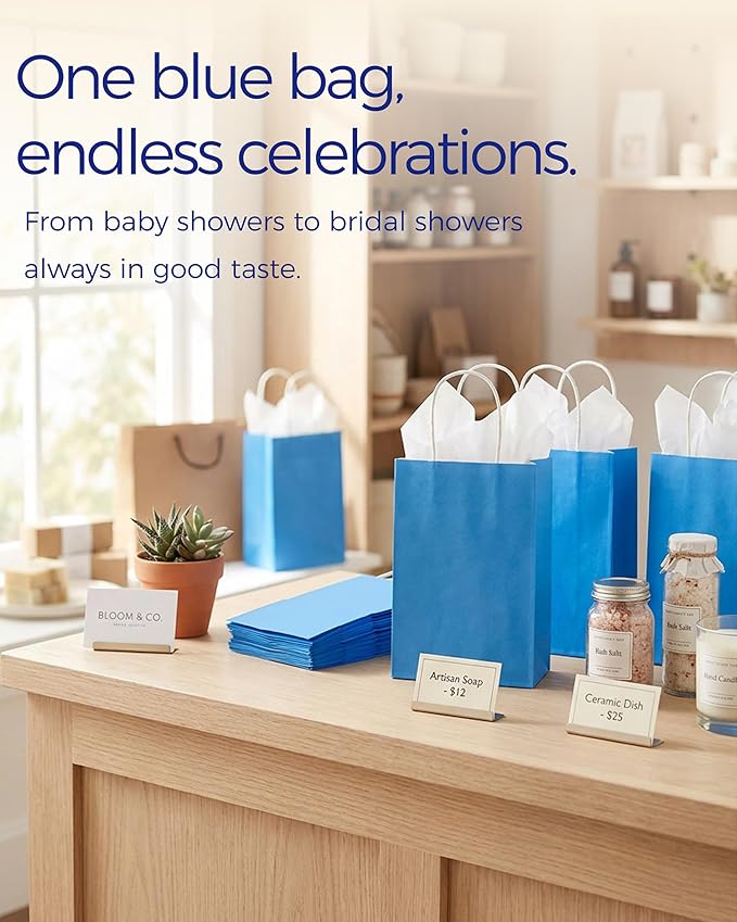SUNCOLOR 24-Pack Blue Gift Bags with Handles, 8 Inch Goodie Bags for Party Favors, Baby Showers, Birthdays