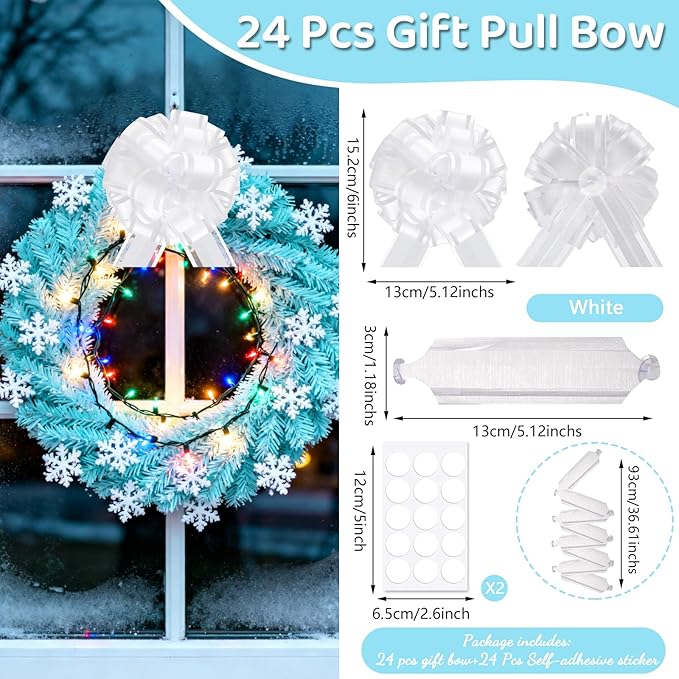 24pcs White Pull Bow for Gift Basket Wrapping Xmas Gift Bows Presents Adhesive Wrap Ribbon Bow for Christmas Tree Ornament Wine Bottles Bouquet Flower Valentine's Day Party Decor (White-G)