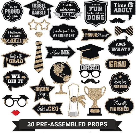 Fully Assembled Graduation Photo Booth Props - Set of 30 - Class of 2026 Graduation Selfie Signs - Congrats Grad Party Supplies & Decorations - with Real Gold & Silver Glitter - Did We Mention No DIY