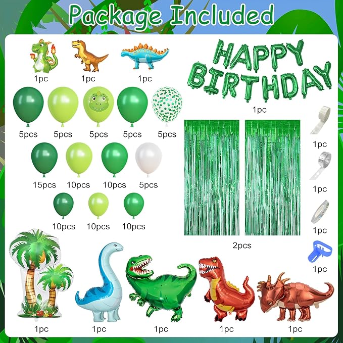 Dinosaur Birthday Party Decorations Supplies, 123Pcs Dinosaur Dark Lime Green White Balloons Garland Arch Kit Happy Birthday Dino Foil Balloon Curtain for Kids Boys Dino Jungle Safari Baby Shower