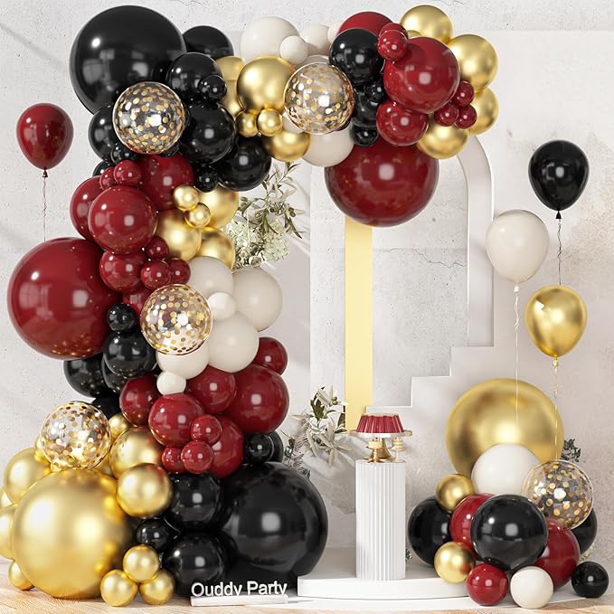 Ouddy Party 149Pcs Burgundy and Gold Balloon Garland Kit Different Sizes 18 12 10 5Inch, 6Pcs 18” Metallic Black Gold Confetti for Graduation Balloons Class of 2026 Decorations Birthday Party Decor