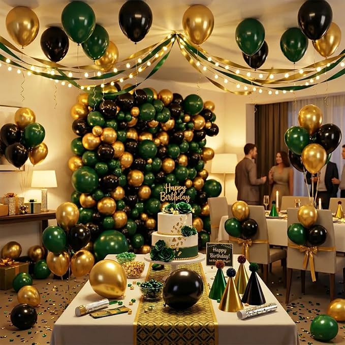 Hiquaty Green and Gold Balloons,60pcs Dark Green Balloons,12 inch Gold Balloons and Black Balloons with Gold Ribbon for St. Patrick's Day Party Wedding Bridal Shower Decorations