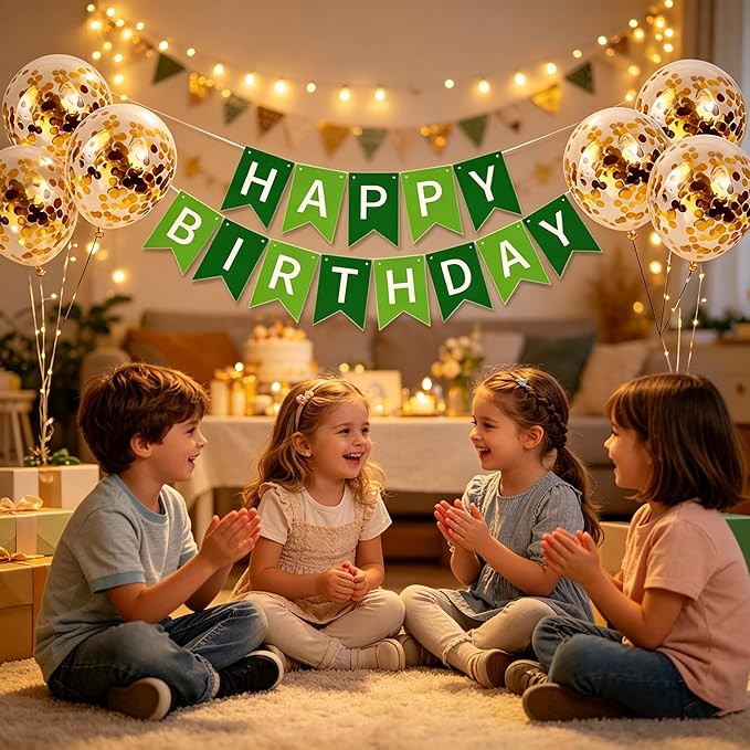 Happy Birthday Banner Sign Bunting Hanging Decorations with Shiny Gold Balloons Birthday Party Sign Decor for Party Supplies(Green)