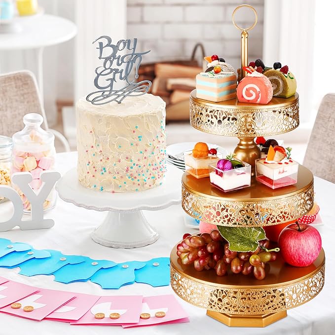 Dandat 2 Pcs Cupcake 3 Tiered Metal Dessert Stand Round Cupcake Tower Cake Holder Stand Tiered Serving Tray for Wedding Baby Shower Birthday Tea Party Table Decor(Gold)