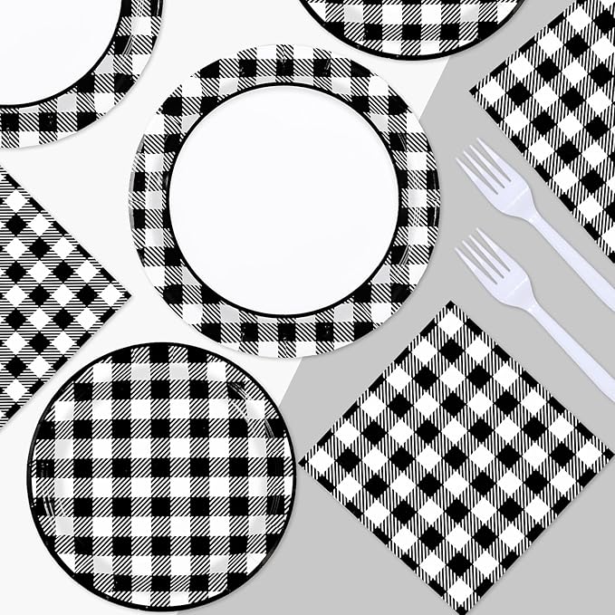 96 Pcs Black and White Gingham Party Supplies 350 GSM Disposable Black and White Buffalo Checked Paper Plates and Napkins Tableware Set for BBQ Picnic Race Car Birthday Party Decorations Serves 24