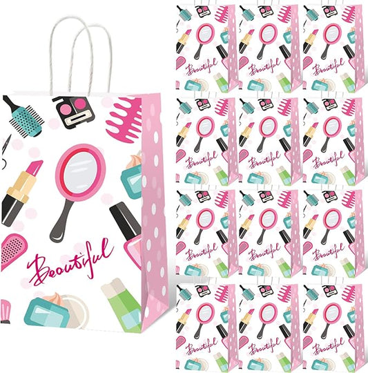 gisgfim 12 Pieces Spa Makeup Birthday Party Goody Treat Favor Bags Cosmetics Paper Gift Bags Spa Theme Party Supplies Decorations for Kids Girl Baby Shower Makeup Birthday Gifts