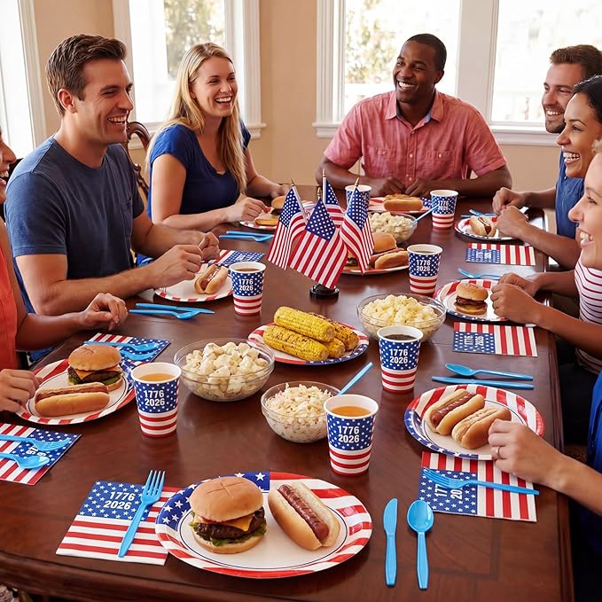 Pajean 350 Pcs 4th of July Party Decorations 12 inch Disposable Patriotic Oval Plates and Napkins Heavy Duty American Flag Paper Tableware Set for 50 Guests 250th Independence Party Supplies