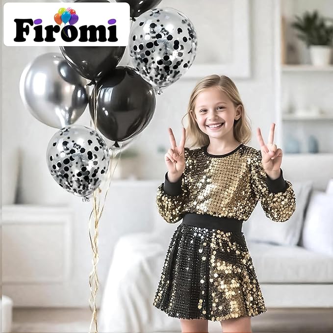 Firomi Metallic Chrome Silver Black Latex Balloons 12 inch 70 Pack Black and Silver Confetti Balloons Set for Birthday Wedding Party New Year (with 2 Ribbons)