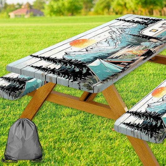 Picnic Table Cover with Bench Covers and Bag, Wooden Camper Waterproof Windproof, Fitted Tablecloth Cover with Elastic Edge, for Indoor & Outdoor, Garden, Camping, 3 Pieces Set, 30x96 Inch