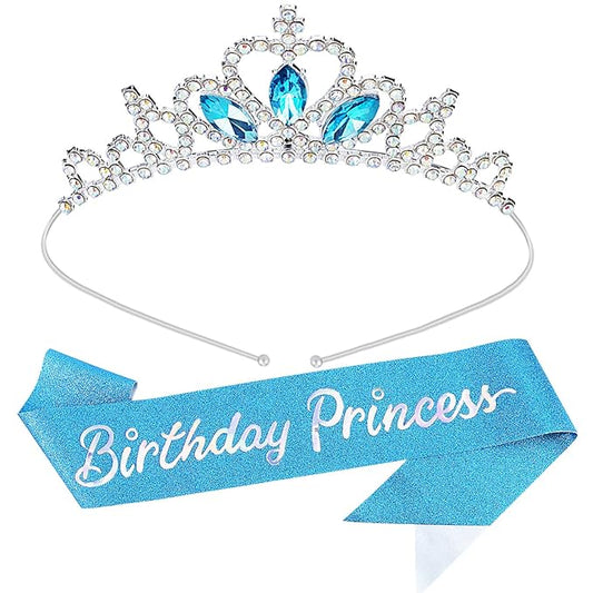 COCIDE Birthday Princess Sashes and Tiaras Kit - Pink Crowns and Tiaras for Women and Girls - Glitter Sash, Crystal Rhinestone Decorations Set